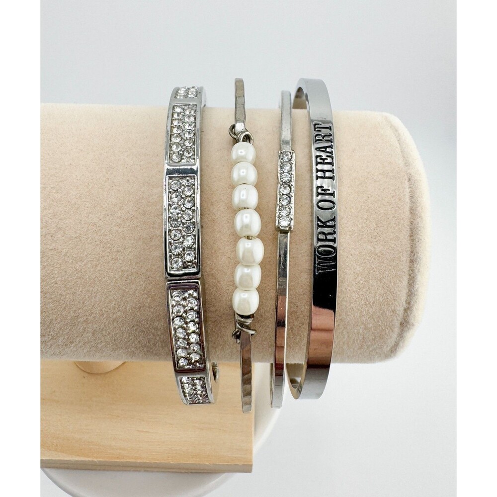 4 Silver Tone Stackable Bracelets Vintage Rhinestone Pearl Inspirational Heart